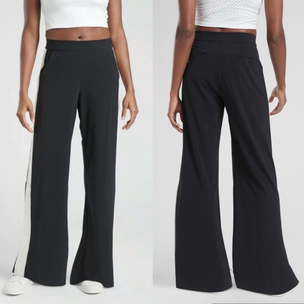 Athleta Luxe Gramercy Track Trouser White Side Stripe High Rise Ankle Snap Sz 10